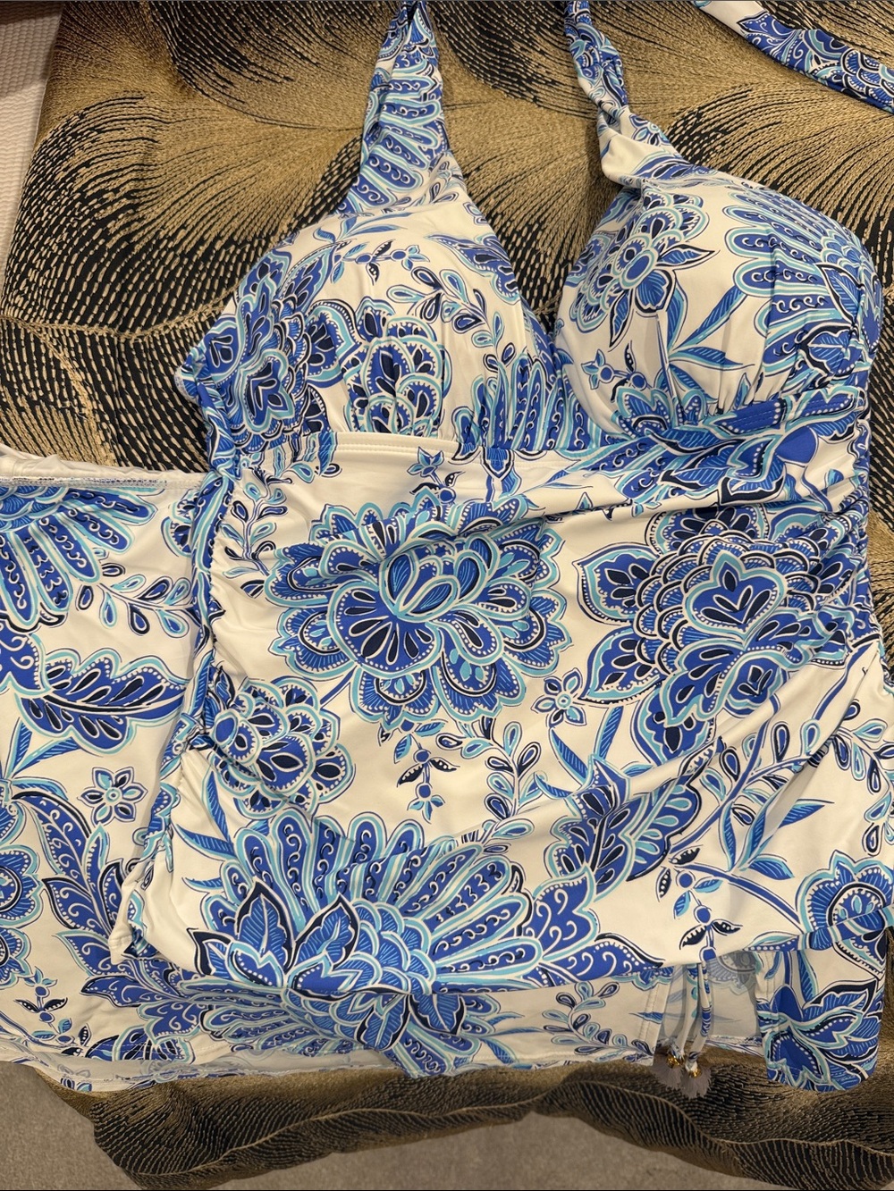 La Blanca Blue & White Floral Bandeau Halter Top/Skirted bottom sz 12
